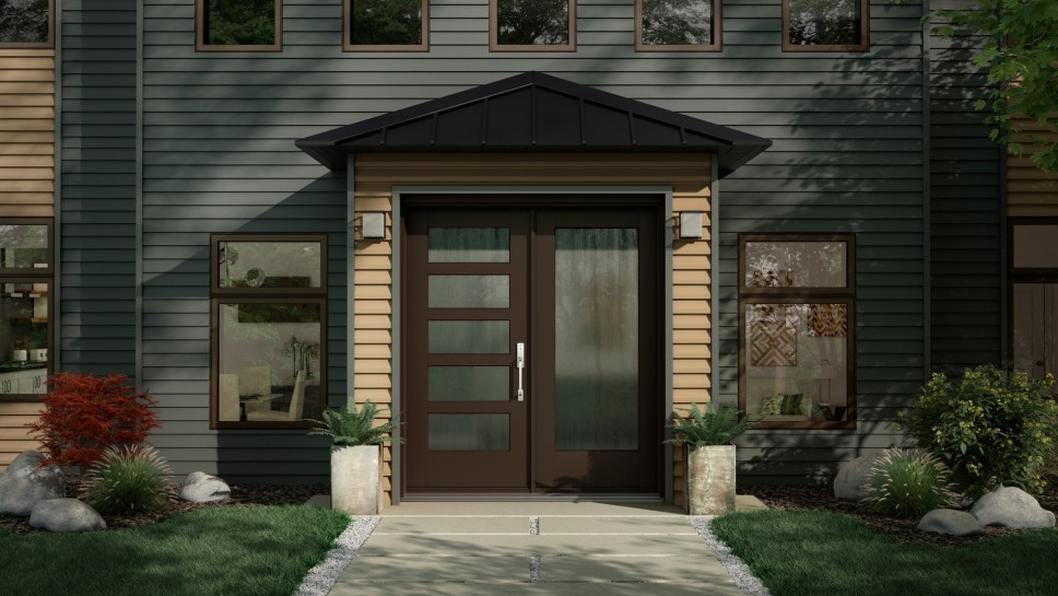 A dark house with a brown front entry door